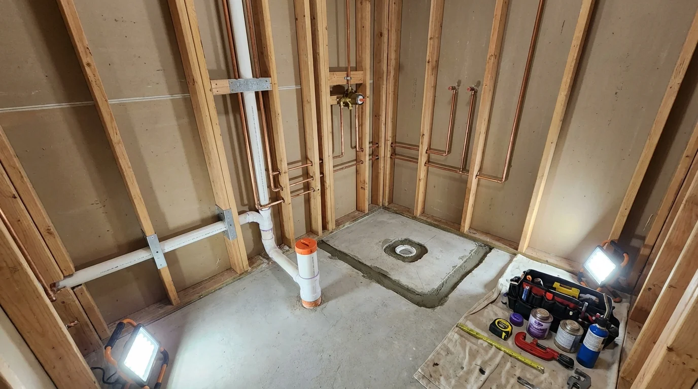 Bathroom rough-in plumbing during remodel by Johns Plumbing LLC in Newmarket