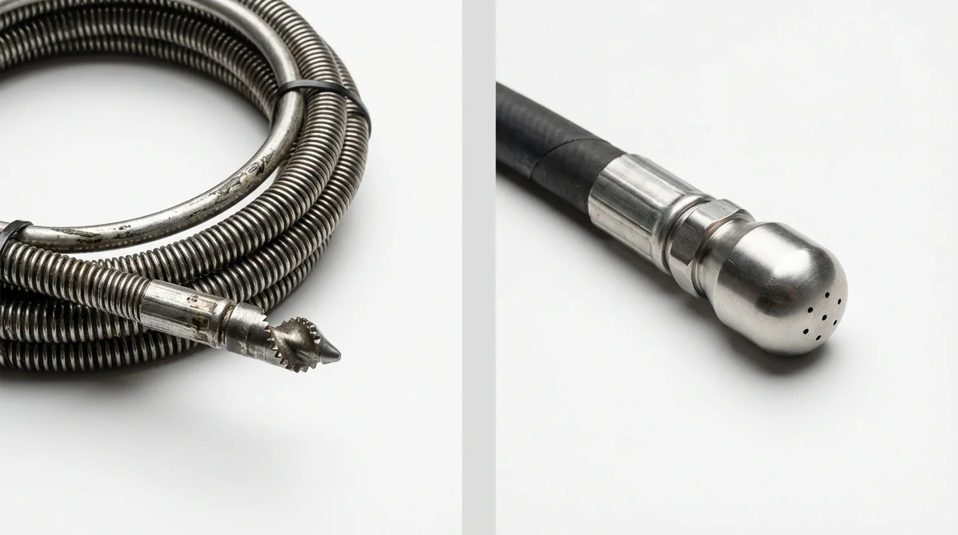 Drain snake cable and hydro jetting nozzle used for drain cleaning in Newmarket, NH