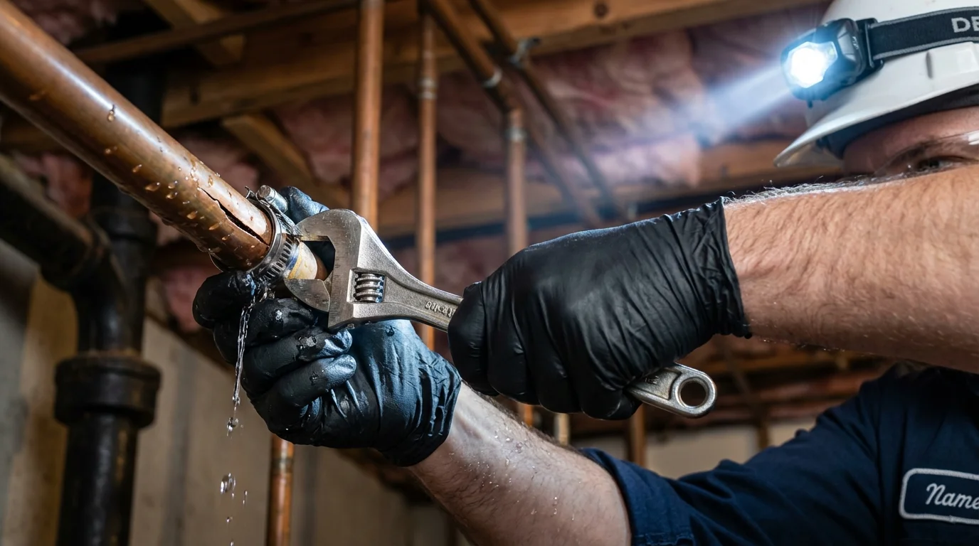 Emergency pipe clamp repair being performed by a Johns Plumbing LLC plumber in Newmarket