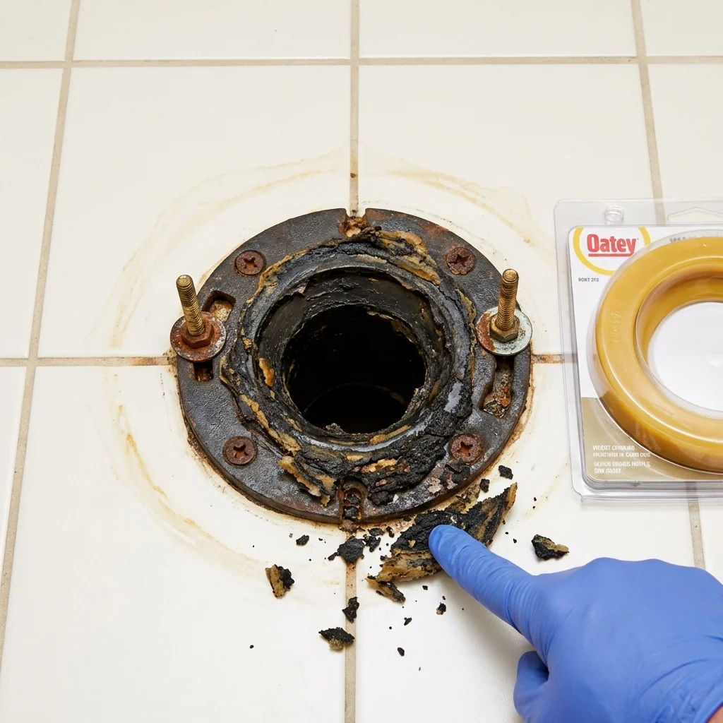 Failed wax ring showing water seepage at the base of a toilet in a Newmarket, NH home