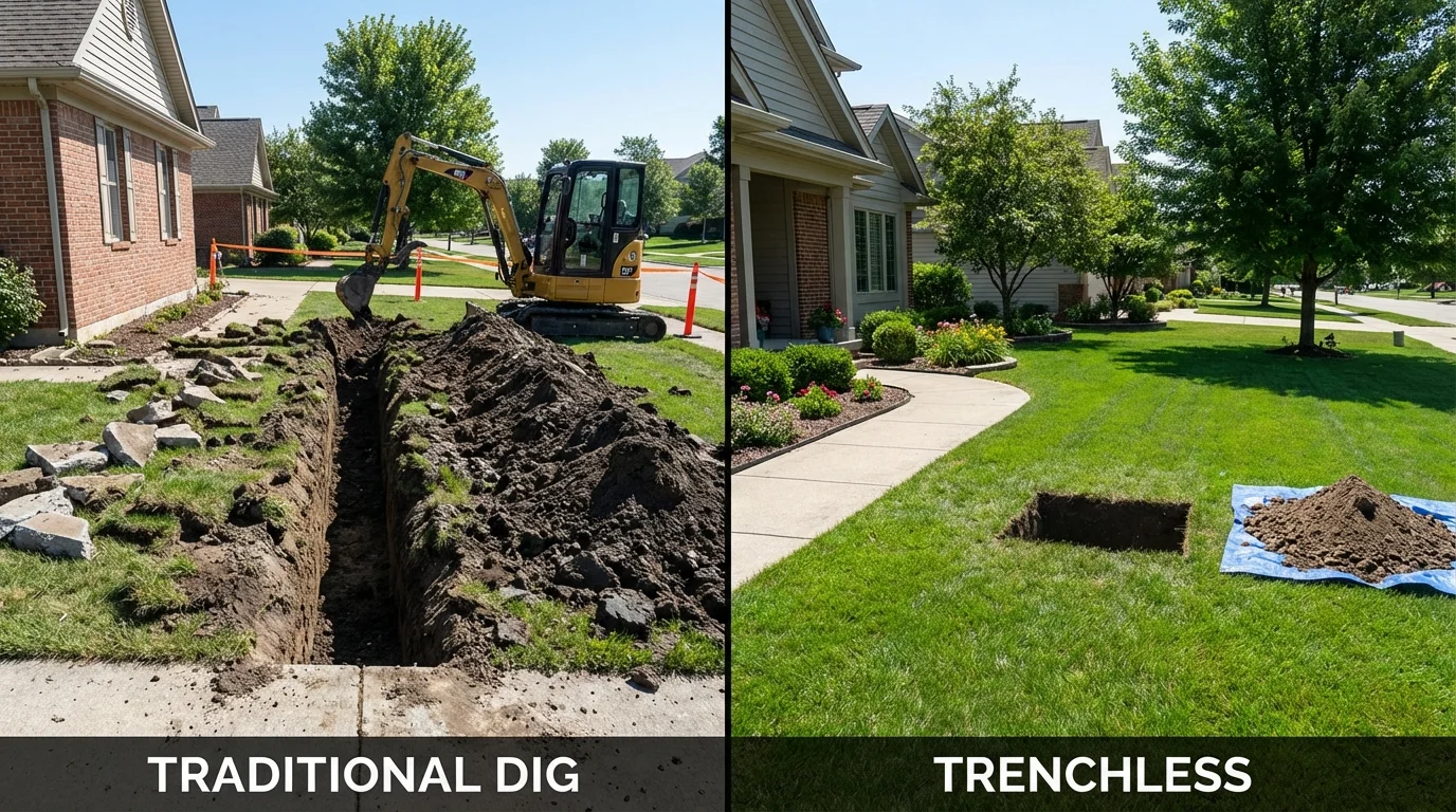 Trenchless sewer repair with minimal yard damage versus traditional excavation in Newmarket, NH