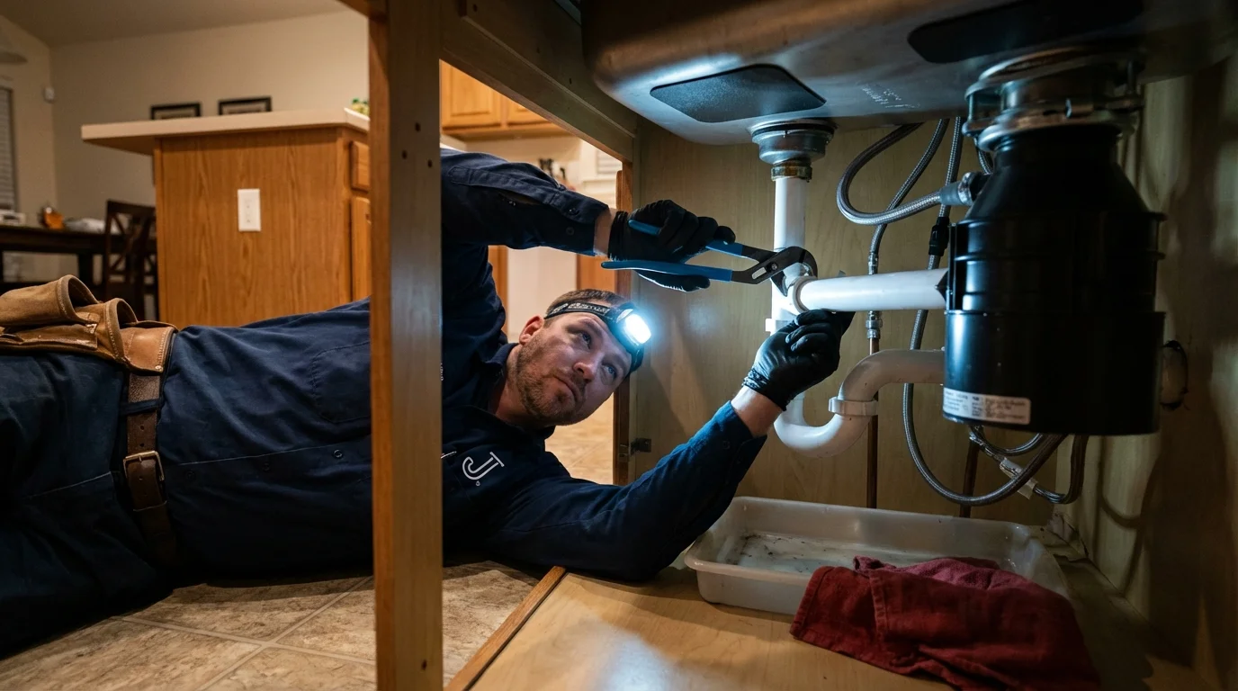 P-trap and supply line connections under a kitchen sink showing a common leak point in Newmarket, NH